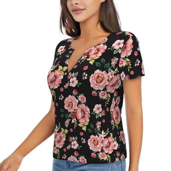 Goofa Rose Flowers Pattern Womens Deep V Neck Low Cut Tops Casual Summer Short Sleeve Ribbed Knit T-Shirts-Small
