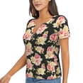 thumbnail image 1 of Goofa Rose Flowers Pattern Womens Deep V Neck Low Cut Tops Casual Summer Short Sleeve Ribbed Knit T-Shirts-Small, 1 of 5