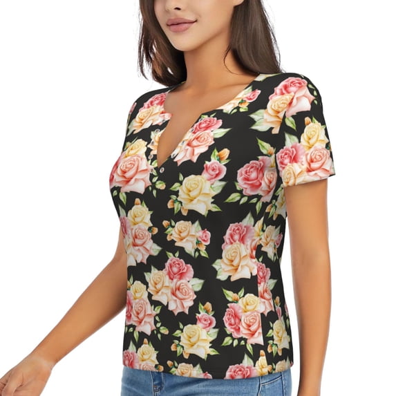 Goofa Rose Flowers Pattern Womens Deep V Neck Low Cut Tops Casual Summer Short Sleeve Ribbed Knit T-Shirts-Small