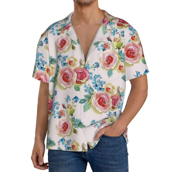 Goofa Rose Flowers Printed Men's Casual Short-sleeved Shirt,Lightweight Breathable Button-down,Summer Casual men's top,Versatile Fashion shirt-Small