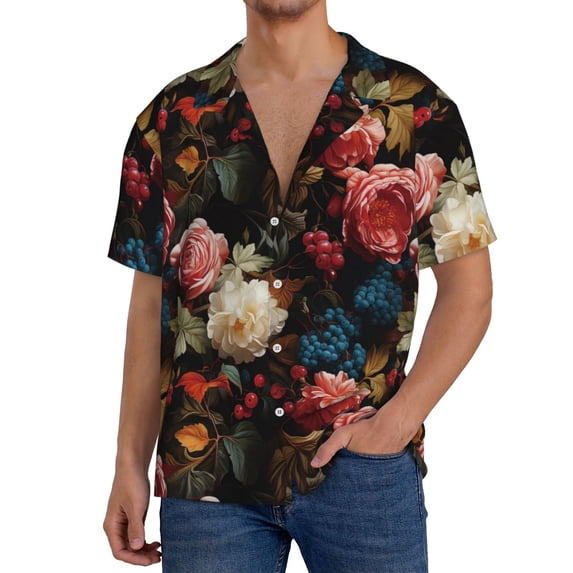 Goofa Rose Flowers Printed Men's Casual Short-sleeved Shirt,Lightweight Breathable Button-down,Summer Casual men's top,Versatile Fashion shirt-3X-Large