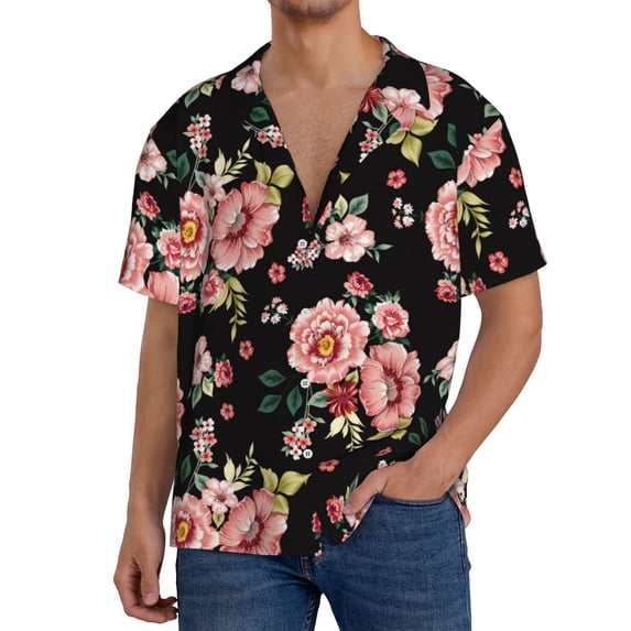 Goofa Rose Flowers Printed Men's Casual Short-sleeved Shirt,Lightweight Breathable Button-down,Summer Casual men's top,Versatile Fashion shirt-XX-Large