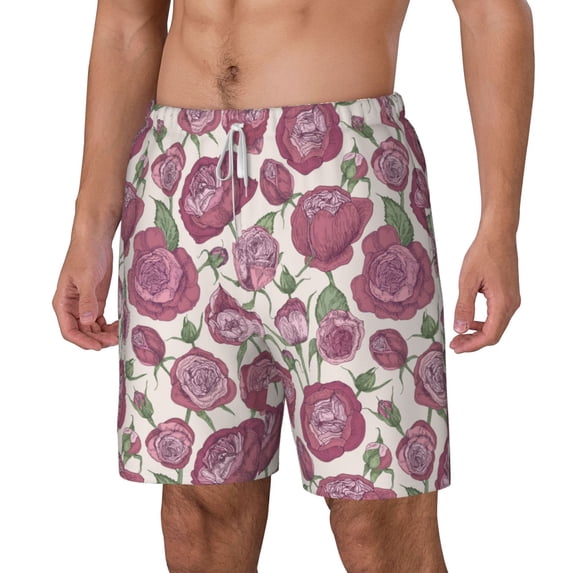 Goofa Rose Flowers Printed Men's Swim Trunks Board Shorts Quick Dry Mens Swimming Trunks with Compression Liner,Breathable Fit Hawaii Beach Shorts-Small