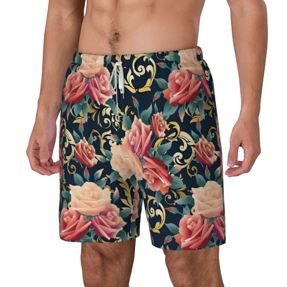 Goofa Rose Flowers Printed Men's Swim Trunks Board Shorts Quick Dry Mens Swimming Trunks with Compression Liner,Breathable Fit Hawaii Beach Shorts-XX-Large