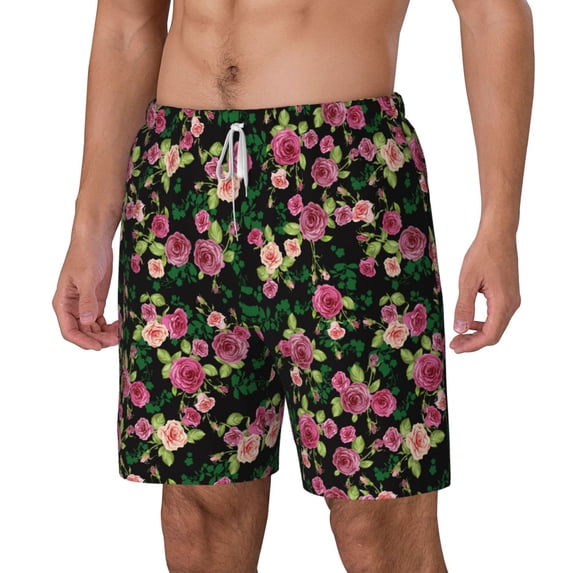 Goofa Rose Flowers Printed Men's Swim Trunks Board Shorts Quick Dry Mens Swimming Trunks with Compression Liner,Breathable Fit Hawaii Beach Shorts-Small