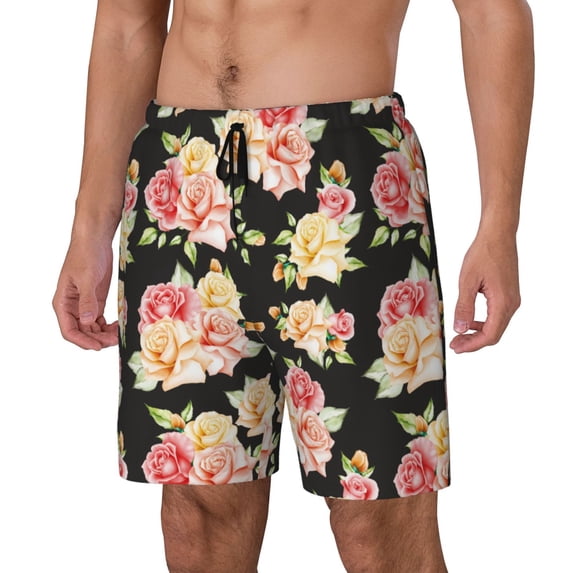 Goofa Rose Flowers Printed Men's Swim Trunks Board Shorts Quick Dry Mens Swimming Trunks with Compression Liner,Breathable Fit Hawaii Beach Shorts-