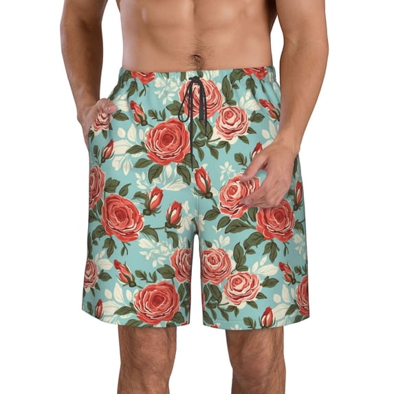 Goofa Rose Flowers Printed Mens Swim Trunks Summer Quick Dry Short Beach Swimwear Bathing Suits-3X-Large