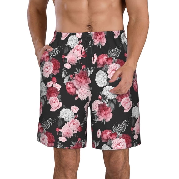 Goofa Rose Flowers Printed Mens Swim Trunks Summer Quick Dry Short Beach Swimwear Bathing Suits-Small
