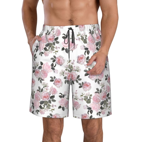 Goofa Rose Flowers Printed Mens Swim Trunks Summer Quick Dry Short Beach Swimwear Bathing Suits-Small