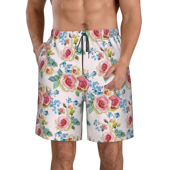 Goofa Rose Flowers Printed Mens Swim Trunks Summer Quick Dry Short Beach Swimwear Bathing Suits-