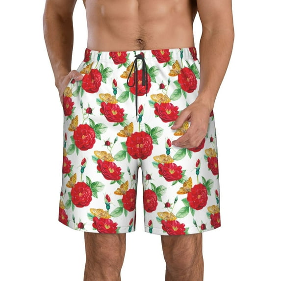Goofa Rose Flowers Printed Mens Swim Trunks Summer Quick Dry Short Beach Swimwear Bathing Suits-