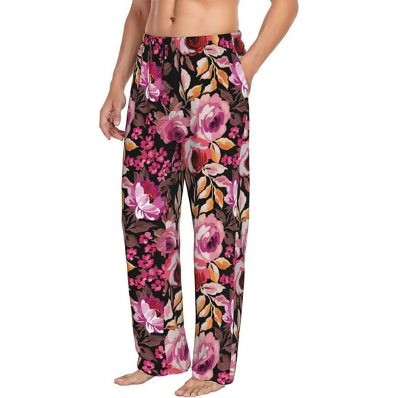 Goofa Rose Flowers Printed Soft Pajama Pants for Men, Wide Leg Comfy Casual Lounge Yoga Pants-Large