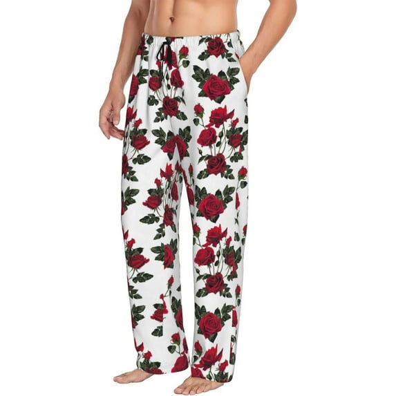 Goofa Rose Flowers Printed Soft Pajama Pants for Men, Wide Leg Comfy Casual Lounge Yoga Pants-Large