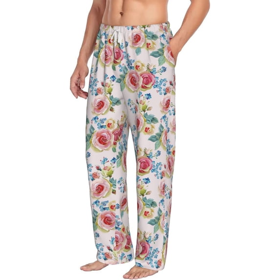 Goofa Rose Flowers Printed Soft Pajama Pants for Men, Wide Leg Comfy Casual Lounge Yoga Pants-Small