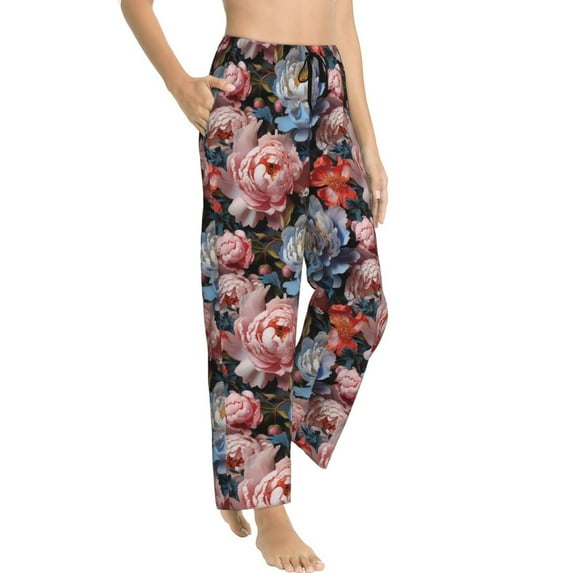 Goofa Rose Flowers Printed Soft Pajama Pants for Women, Wide Leg Comfy Casual Lounge Yoga Pants-