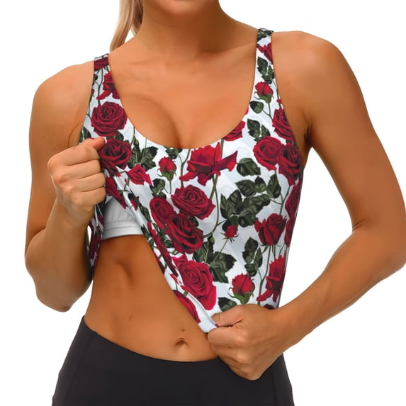 Goofa Rose Flowers Printed Sports Bras for Women, High Impact Running Bra Workout Crop Tank Tops Longline Sports Bra Push up-Large