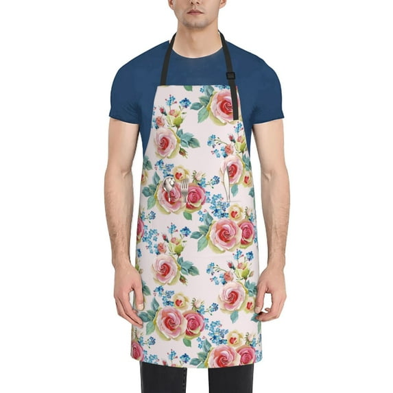Goofa Rose Flowers Printed Waterproof Apron 33" Chef Aprons for Men Heavy Duty Chemical Work Apron Adjustable Bib Apron