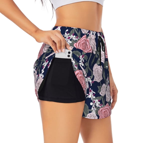 Goofa Rose Flowers Printed Women 2 in 1 Running Shorts,Quick Dry Athletic Workout Shorts,High Waisted Athletic Shorts with Liner Pockets-Medium