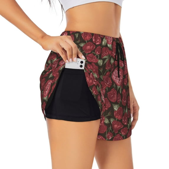 Goofa Rose Flowers Printed Women 2 in 1 Running Shorts,Quick Dry Athletic Workout Shorts,High Waisted Athletic Shorts with Liner Pockets-Small