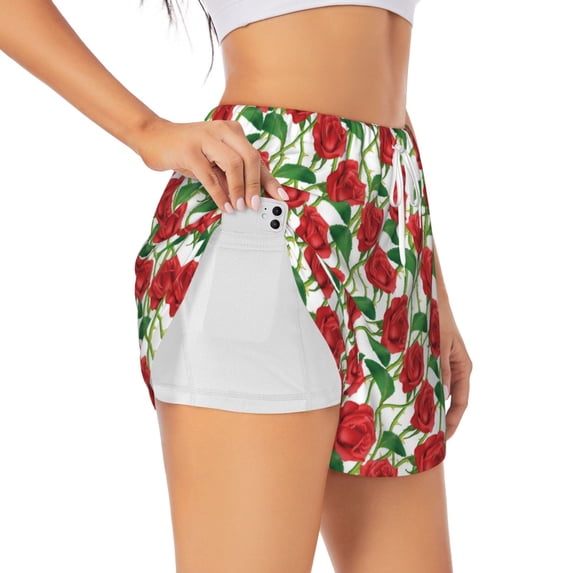Goofa Rose Flowers Printed Women 2 in 1 Running Shorts,Quick Dry Athletic Workout Shorts,High Waisted Athletic Shorts with Liner Pockets-Small