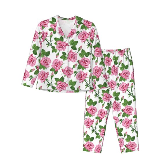 Goofa Rose Flowers Printed Women’s 2 Piece Pajama Set Super,Pajamas Women's Long Sleeve Sleepwear Soft Button Down Loungewear Pjs Lounge Set Nightwear-Medium