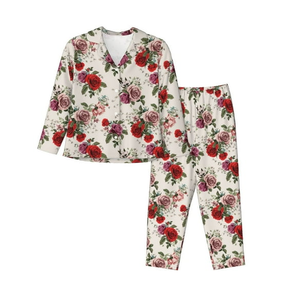 Goofa Rose Flowers Printed Women’s 2 Piece Pajama Set Super,Pajamas Women's Long Sleeve Sleepwear Soft Button Down Loungewear Pjs Lounge Set Nightwear-XX-Large