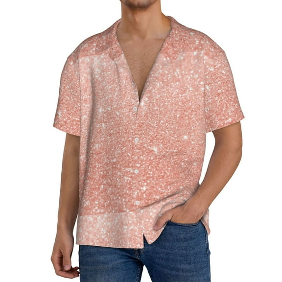 Goofa Rose Gold Glitter Printed Men's Casual Short-sleeved Shirt,Lightweight Breathable Button-down,Summer Casual men's top,Versatile Fashion shirt-Small