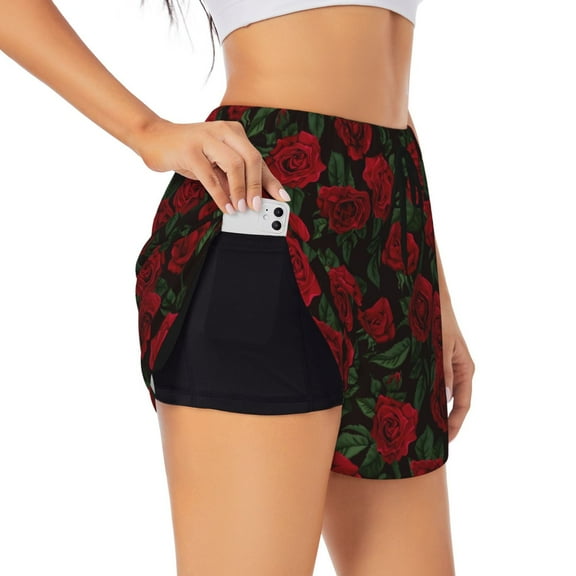 Goofa Rose Printed Women 2 in 1 Running Shorts,Quick Dry Athletic Workout Shorts,High Waisted Athletic Shorts with Liner Pockets-Small