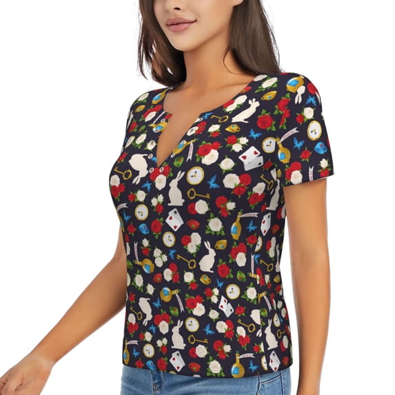 Goofa Rose Rabbit Pattern Womens Deep V Neck Low Cut Tops Casual Summer Short Sleeve Ribbed Knit T-Shirts-XX-Large