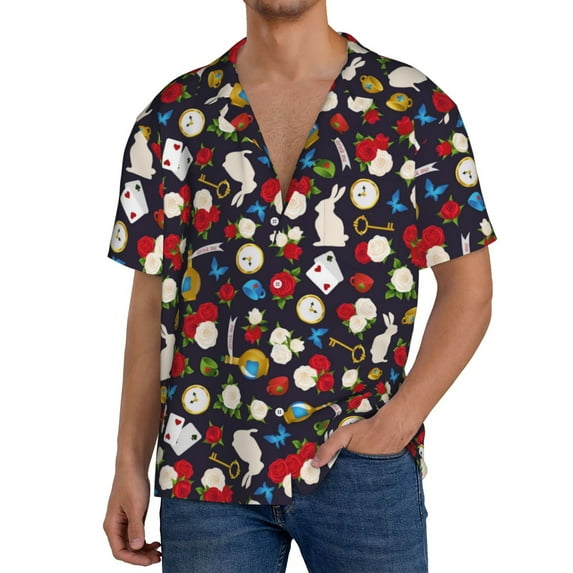 Goofa Rose Rabbit Printed Men's Casual Short-sleeved Shirt,Lightweight Breathable Button-down,Summer Casual men's top,Versatile Fashion shirt-Medium