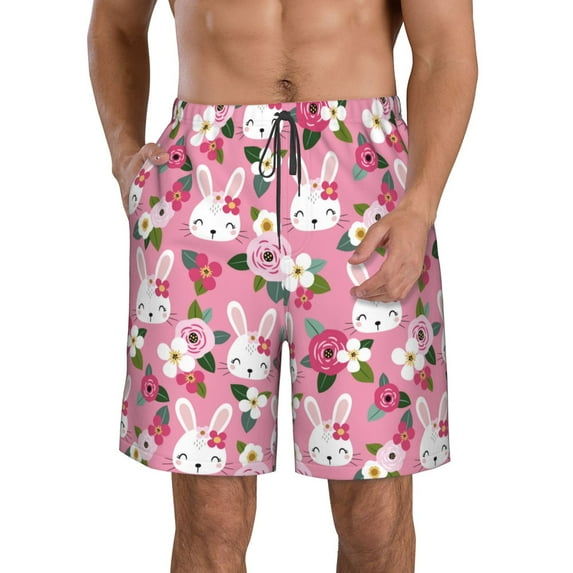 Goofa Rose Rabbit Printed Mens Swim Trunks Summer Quick Dry Short Beach Swimwear Bathing Suits-Large