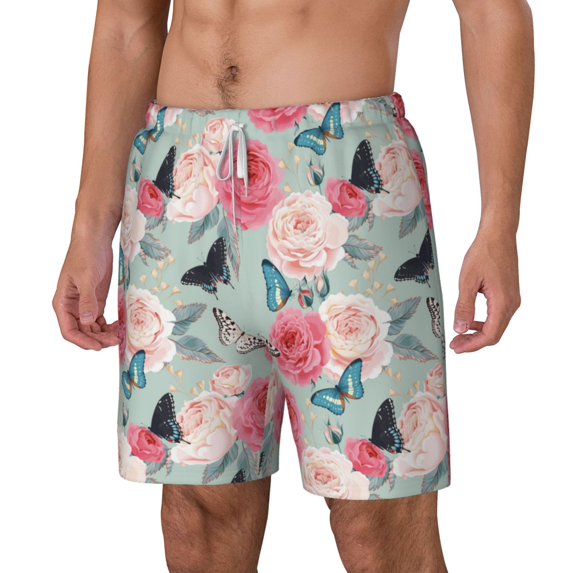 Goofa Roses and Butterflies Printed Men's Swim Trunks Board Shorts Quick Dry Mens Swimming Trunks with Compression Liner,Breathable Fit Hawaii Beach Shorts-Small