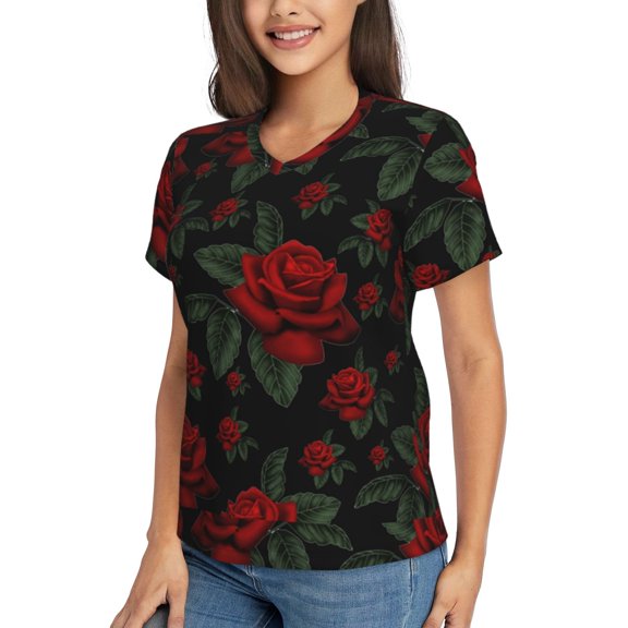 Goofa Roses Pattern Women's Slim-Fit Short-Sleeve V-Neck T-Shirt,Classic-Fit Short-Sleeve V-Neck T-Shirt-Small