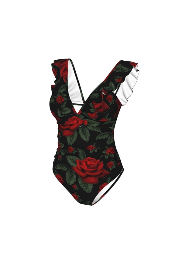 Roses Print Women's Ruffled One Piece Swimsuit V Neck