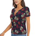 thumbnail image 1 of Goofa Roses Skulls Pattern Womens Deep V Neck Low Cut Tops Casual Summer Short Sleeve Ribbed Knit T-Shirts-Small, 1 of 5