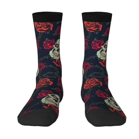 Goofa Roses Skulls Printed Men's Crew Socks, Soft Durable Breathable Moisture-Wicking with Odor Control Cotton socks