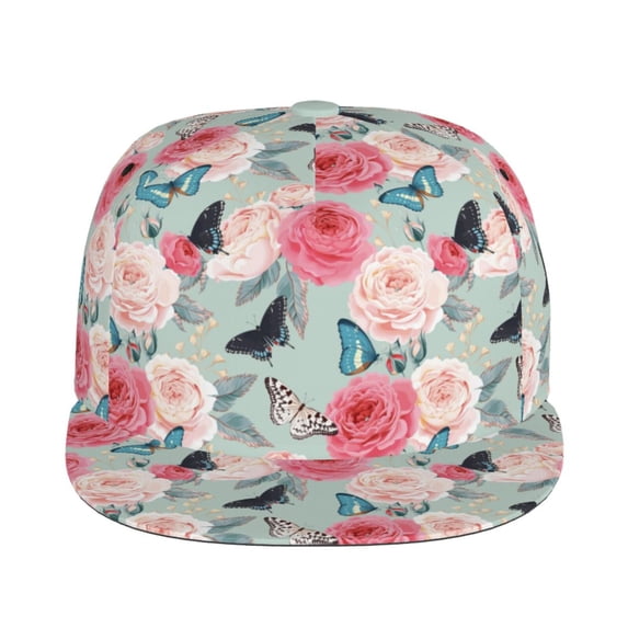 Goofa Roses and Butterflies Printed Men's Baseball Cap,Straight Brim Hat,Golf Dad Hat,Versatile Style,Sun Protection Cap,Travel Hat
