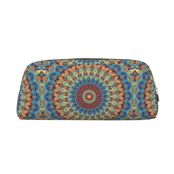 Goofa Round Mandala Pattern Leather Pencil Case, Pencil Pouch, Pencil Bag, Pen Case, Pen Pouch, Pen Bag, Pencil Pouches, Pencil Bags,College Pencil Case