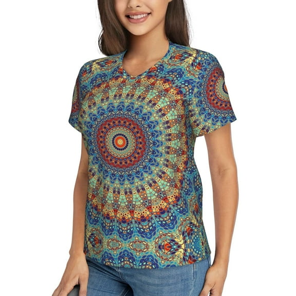 Goofa Round Mandala Pattern Women's Slim-Fit Short-Sleeve V-Neck T-Shirt,Classic-Fit Short-Sleeve V-Neck T-Shirt-Medium