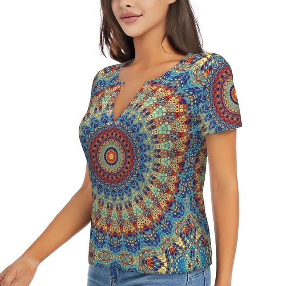 Goofa Round Mandala Pattern Womens Deep V Neck Low Cut Tops Casual Summer Short Sleeve Ribbed Knit T-Shirts-XX-Large