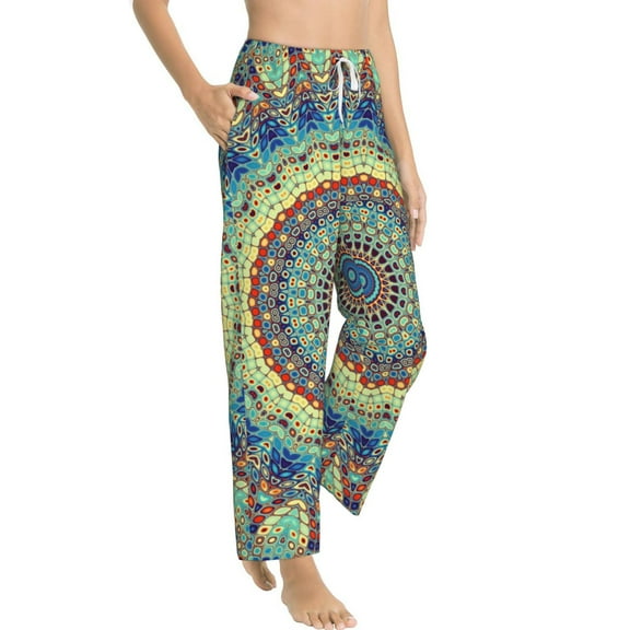 Goofa Round Mandala1 Printed Soft Pajama Pants for Women, Wide Leg Comfy Casual Lounge Yoga Pants-Medium