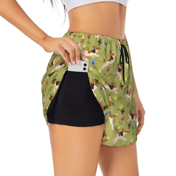Goofa Running Beagle Printed Women 2 in 1 Running Shorts,Quick Dry Athletic Workout Shorts,High Waisted Athletic Shorts with Liner Pockets-Small