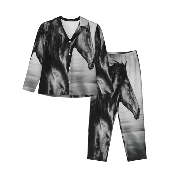 Goofa Running Horse Printed Women’s 2 Piece Pajama Set Super,Pajamas Women's Long Sleeve Sleepwear Soft Button Down Loungewear Pjs Lounge Set Nightwear-Small