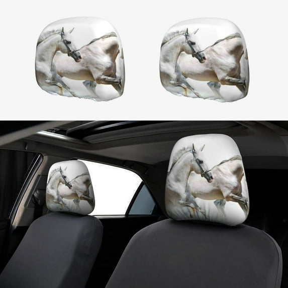 Goofa Running White Horses Pattern 2 PCS Car Headrest Cover, Headrest Protector,Universal Interior Car Accessories
