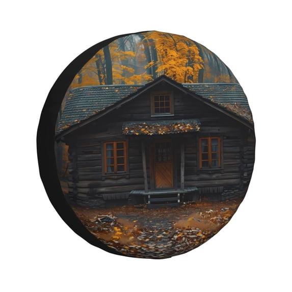 Goofa Rustic Cabin Autumn Forest Pattern Universal Tire Cover for Jeep, SUV, Truck, and Trailer – Waterproof, UV-Resistant,Easy to Install, Fits 14"-17" Tires-15 inch