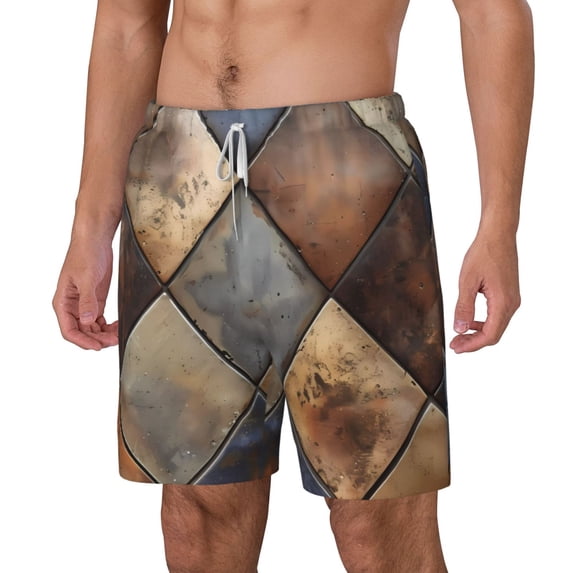 Goofa Rustic Tile Pattern Printed Men's Swim Trunks Board Shorts Quick Dry Mens Swimming Trunks with Compression Liner,Breathable Fit Hawaii Beach Shorts-Small