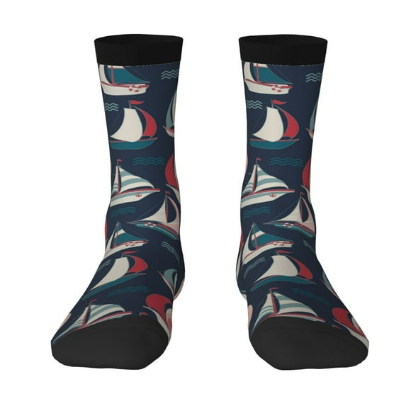 Goofa Sailboat And Wave Printed Men's Crew Socks, Soft Durable Breathable Moisture-Wicking with Odor Control Cotton socks