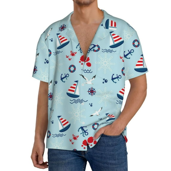 Goofa Sailboats Anchors Printed Men's Casual Short-sleeved Shirt,Lightweight Breathable Button-down,Summer Casual men's top,Versatile Fashion shirt-Large