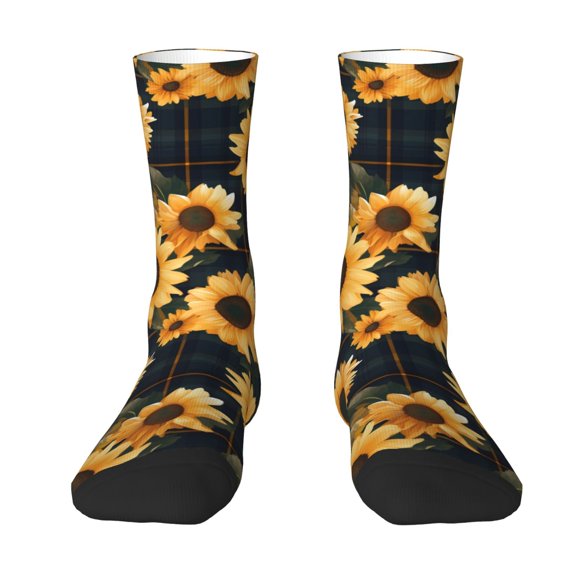 Goofa Scottish Blue Plaid Sunflower Printed Men's Crew Socks, Soft Durable Breathable Moisture-Wicking with Odor Control Cotton socks