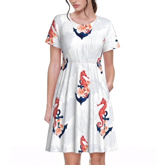 Goofa Sea Horse And Corals1 Pattern Women Summer Short Sleeve Midi Dress with Pockets Casual Aline Flowy Tshirt Dress Vocation Beach Sundress